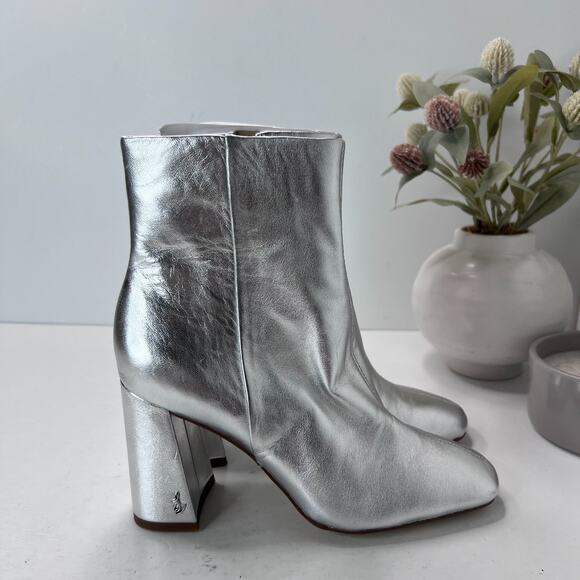 Sam Edelman Codie2 Leather Square Toe Block Heel Boot Silver Metallic Women 5.5M - Picture 3 of 10